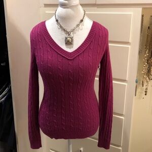 Ann Taylor Loft fuschia cable knit v-neck sweater